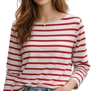 Everlane Red & White Striped Boatneck Long Sleeve Cotton Tee Size L